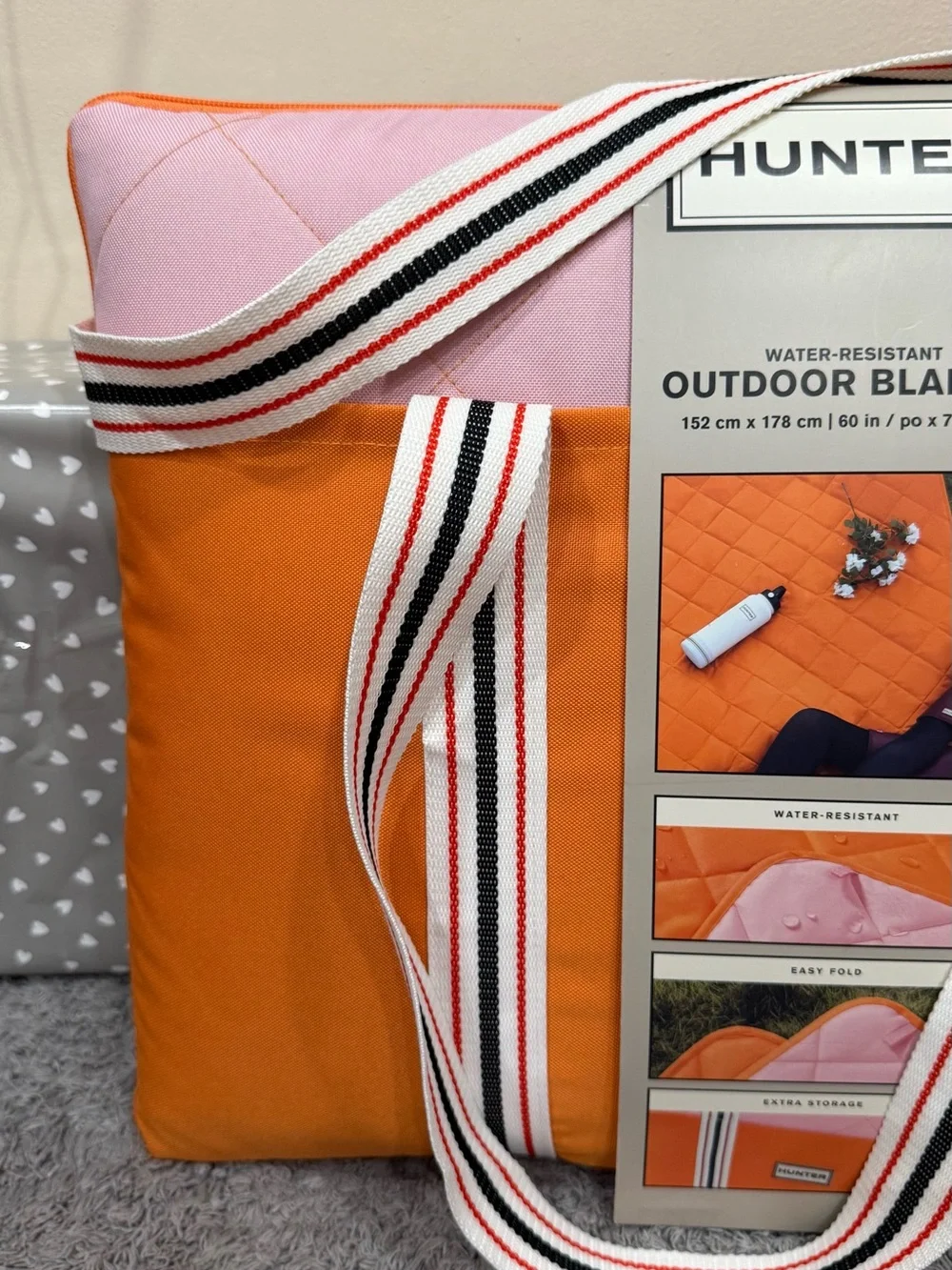 Hunter Pink and Orange Striped-Handle Outdoor Blanket Tote